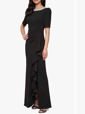 Alex Evenings Black Maxi Gown with Embellished Boat Neck